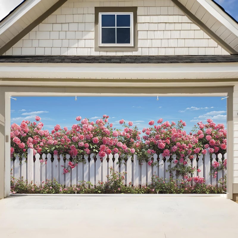 ANNA QUEEN Rose Garden Garage Door Banner 6x13FT, Pink Roses and White Fence Garage Door Cover, Large Outdoor Floral Decoration for Garage Doors, Garden Fence & Spring Summer Party Backdrop - Image 1